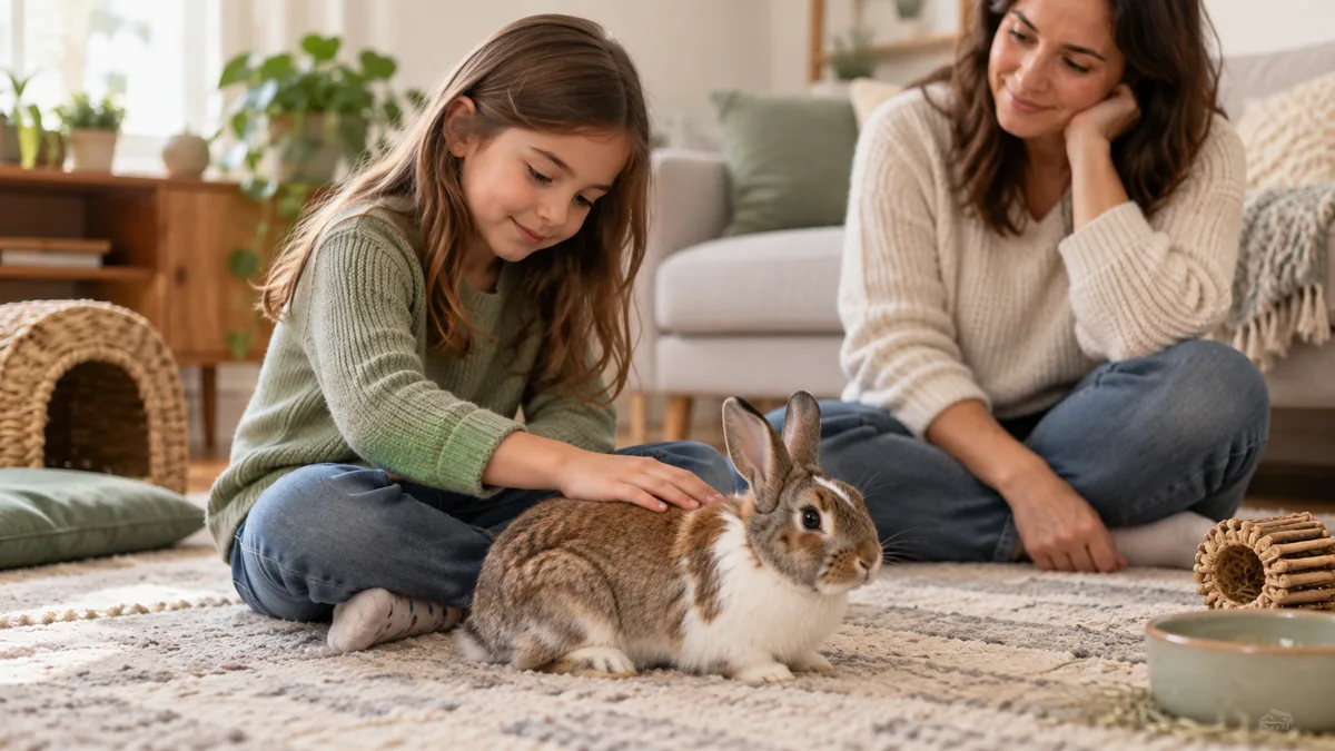 Enfant caressant doucement un lapin au sol sous surveillance
