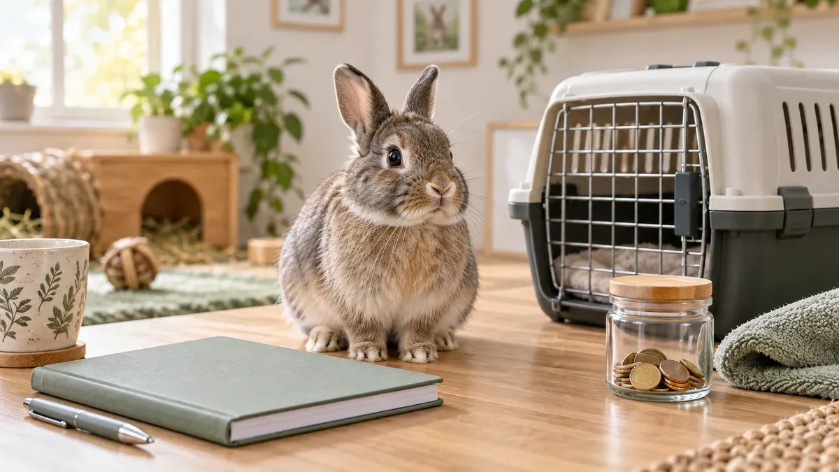 Dwarf rabbit sitting beside a health record booklet and a carrier