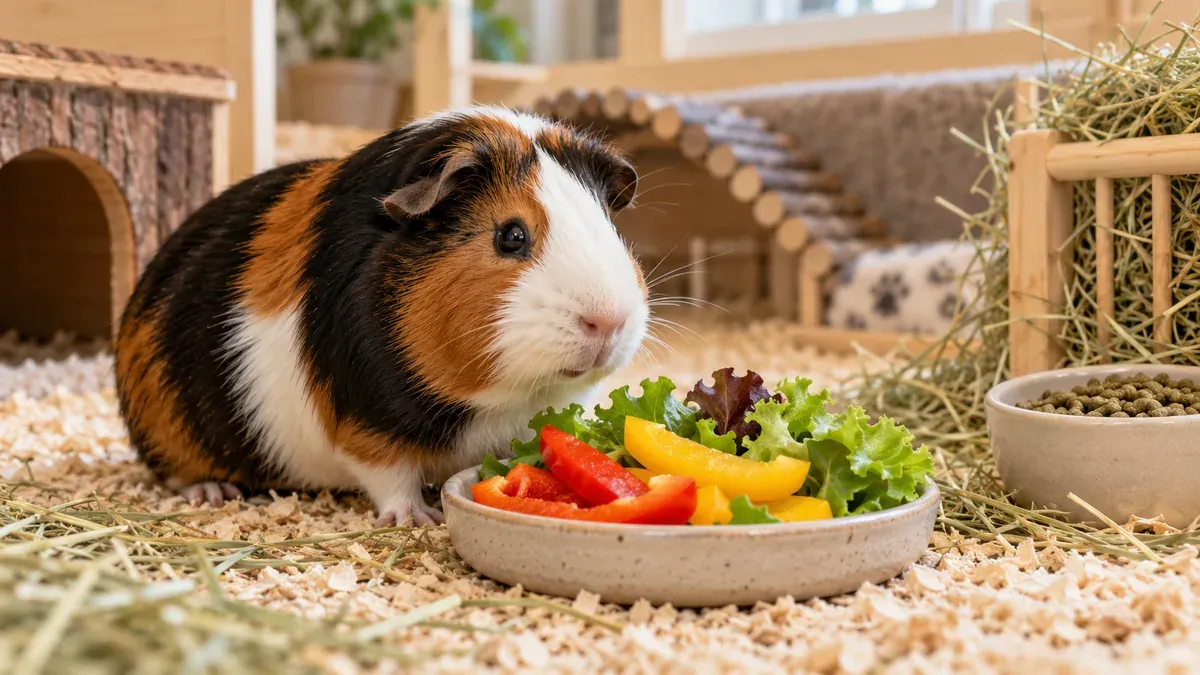 A guinea pig beside red and yellow pepper strips, with hay nearby.