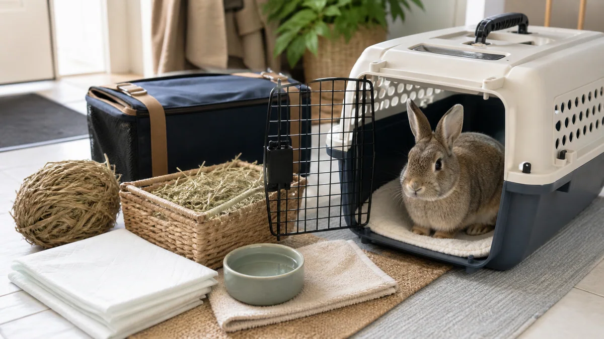 Caisse de transport pour lapin posée près d'un sac de voyage, illustrant la préparation d'un déplacement avec un lapin